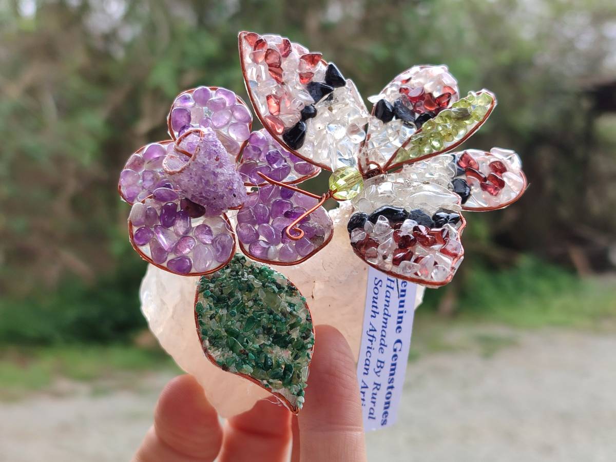 Hand Made Medium Gemstone Butterfly With Rose - Pink Red White - sold per piece From South Africa - Toprock Gemstones and Minerals 