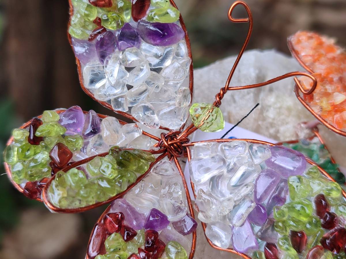 Hand Made Medium Gemstone Butterfly With Rose - Orange White Green - sold per piece - From South Africa - Toprock Gemstones and Minerals 
