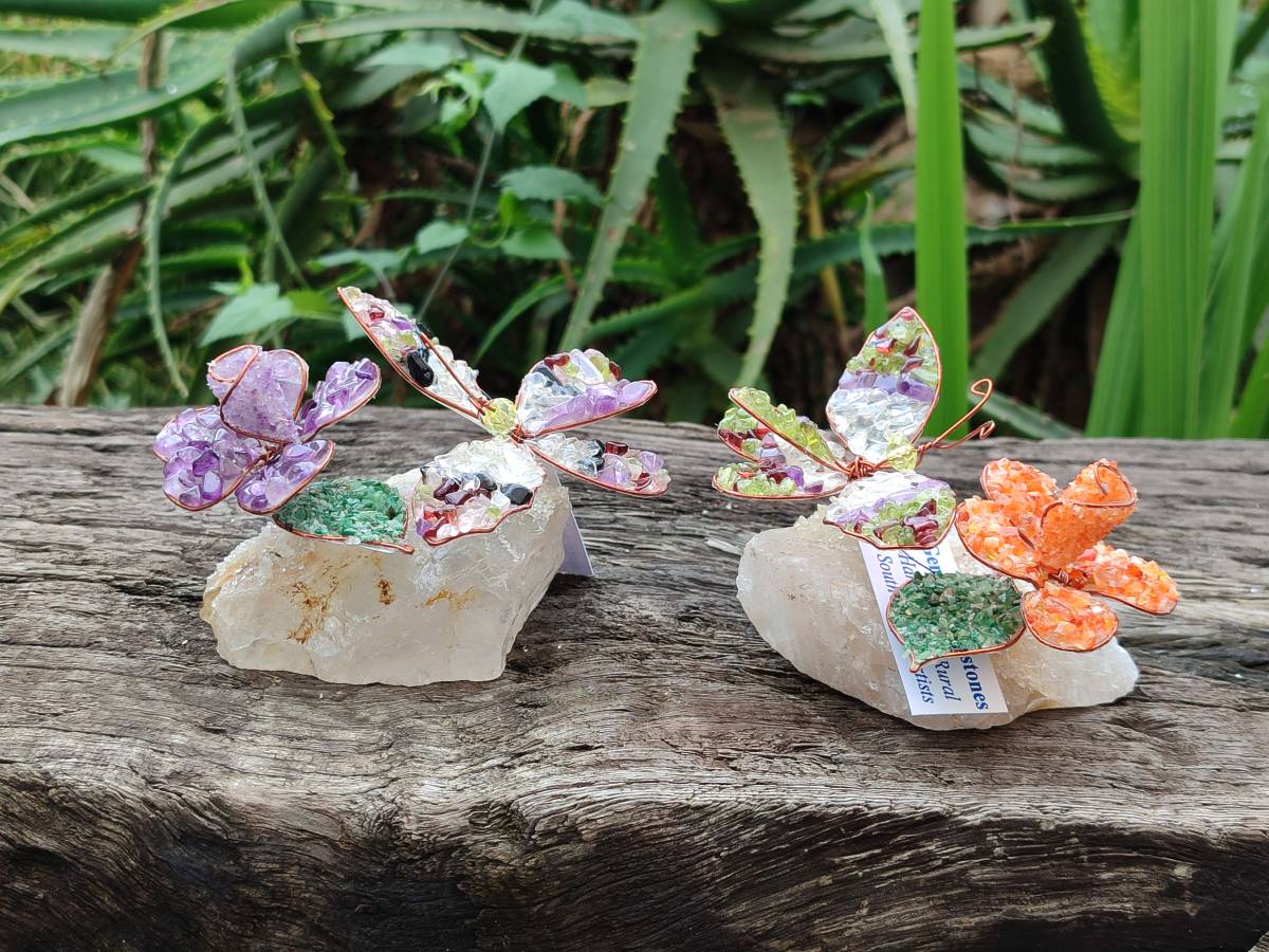 Hand Made Medium Gemstone Butterfly With Rose - Orange White Green - sold per piece - From South Africa - Toprock Gemstones and Minerals 