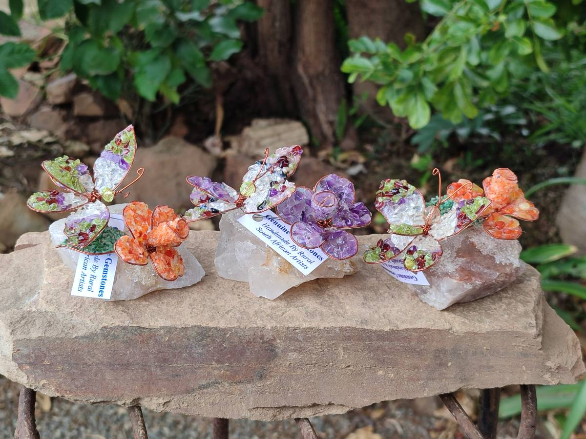 Hand Made Medium Gemstone Butterfly With Rose - Orange White Green - sold per piece - From South Africa - Toprock Gemstones and Minerals 