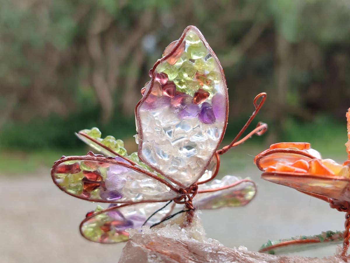 Hand Made Medium Gemstone Butterfly With Rose - Orange White Green - sold per piece - From South Africa - Toprock Gemstones and Minerals 