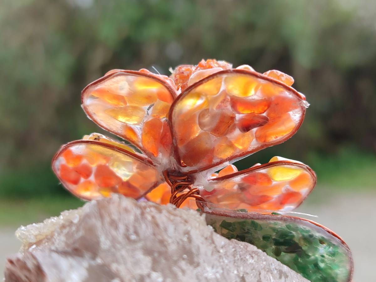 Hand Made Medium Gemstone Butterfly With Rose - Orange White Green - sold per piece - From South Africa - Toprock Gemstones and Minerals 