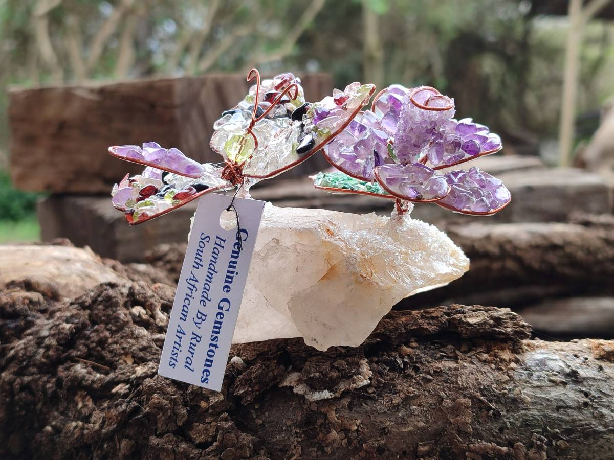 Hand Made Medium Gemstone Butterfly With Rose - Orange White Green - sold per piece - From South Africa - Toprock Gemstones and Minerals 