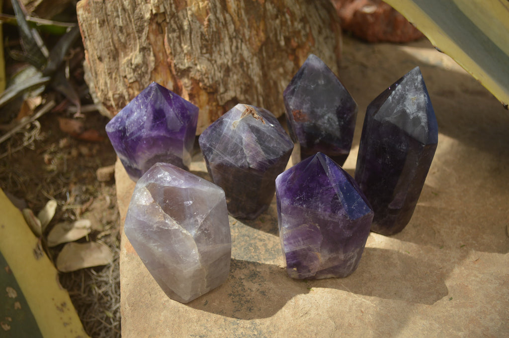Polished Chevron Amethyst Points x 6 From Zambia - Toprock Gemstones and Minerals 