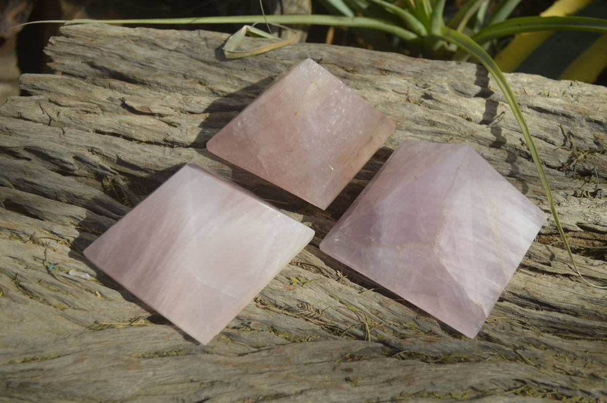 Polished Rose Quartz Pyramids x 3 From Madagascar - Toprock Gemstones and Minerals 