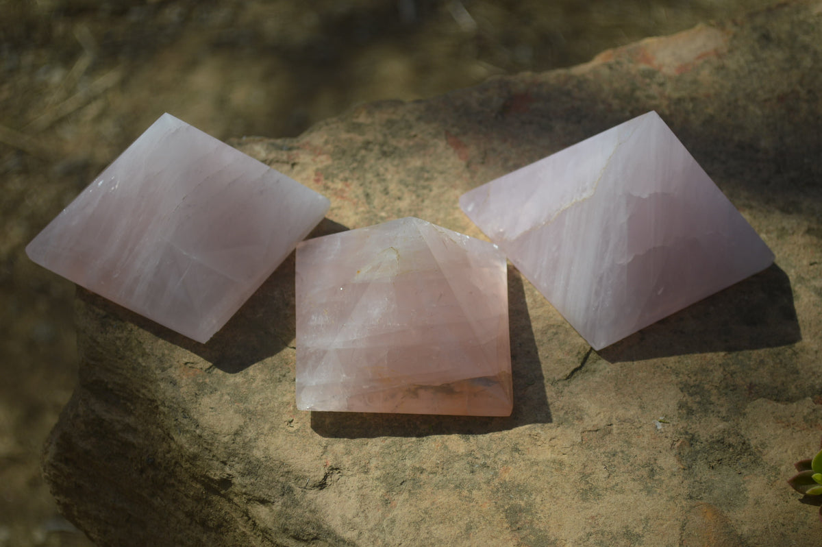 Polished Rose Quartz Pyramids x 3 From Madagascar - Toprock Gemstones and Minerals 
