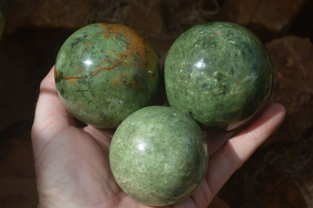 Polished Green Chrysoprase Spheres  x 4 From Madagascar - Toprock Gemstones and Minerals 