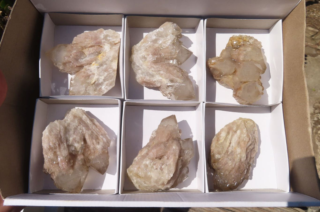 Natural Smokey Phantom Quartz Clusters x 6 From Luena, Congo - Toprock Gemstones and Minerals 