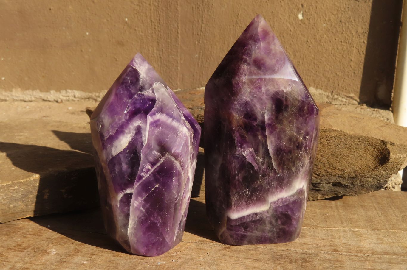 Polished Chevron Amethyst Points x 2 From Zambia - Toprock Gemstones and Minerals 