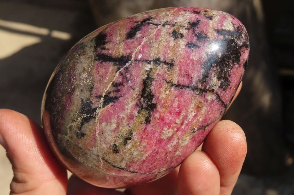 Polished Rhodonite Eggs & Heart x 3 From Ambindavato, Madagascar - Toprock Gemstones and Minerals 