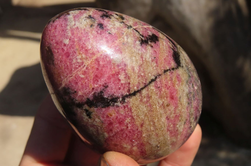 Polished Rhodonite Eggs & Heart x 3 From Ambindavato, Madagascar - Toprock Gemstones and Minerals 
