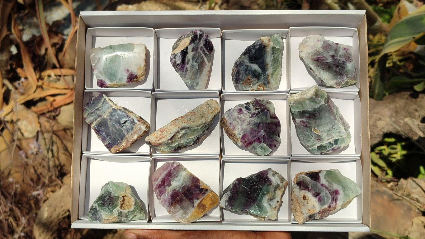 Polished One Side Polished Watermelon Fluorite Pieces  x 12 From Uis, Namibia - Toprock Gemstones and Minerals 