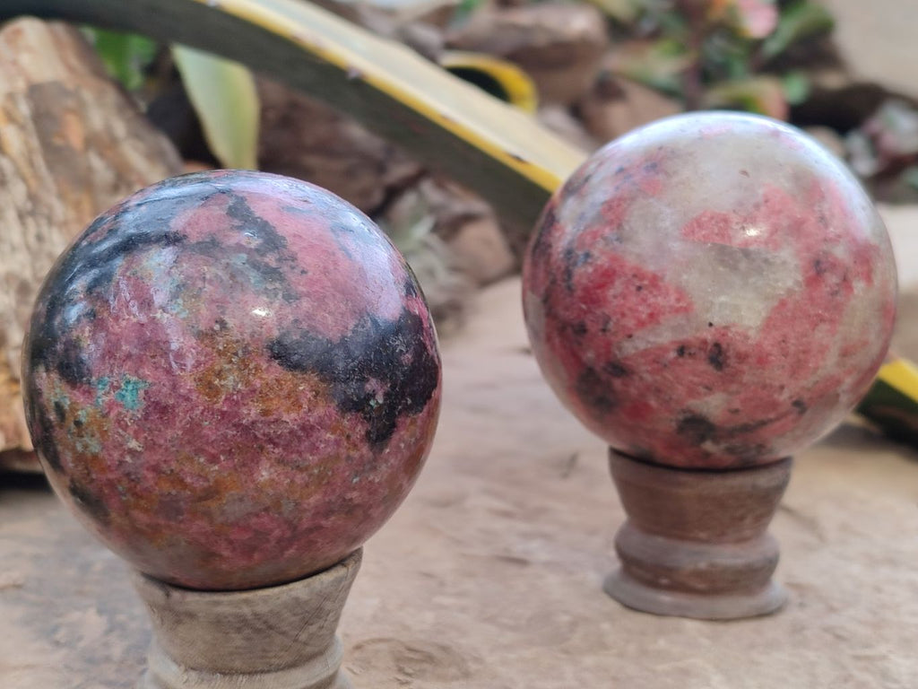 Polished Rhodonite Spheres x 2 From Zimbabwe - Toprock Gemstones and Minerals 
