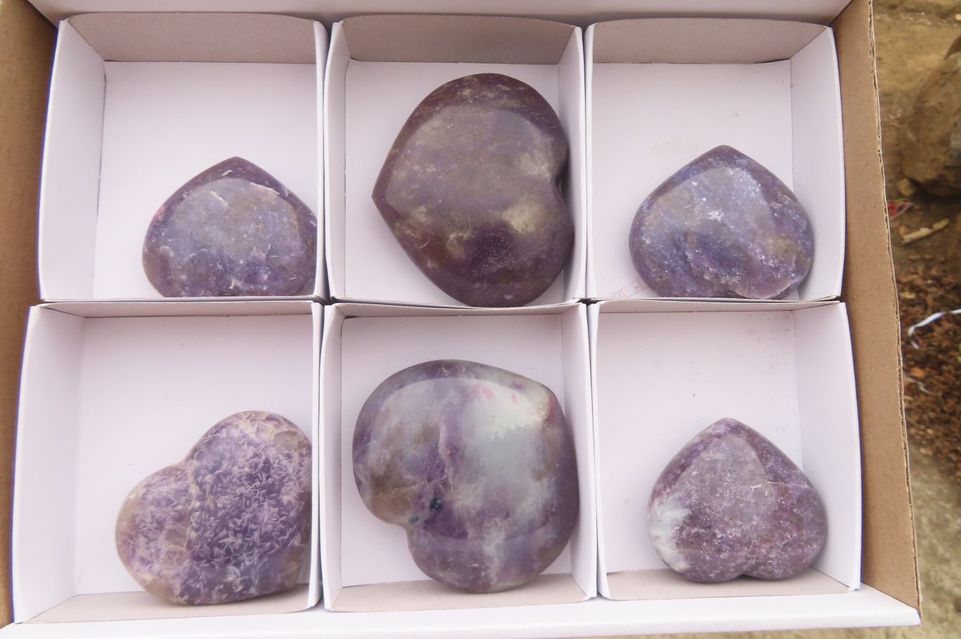 Polished Lepidolite Hearts with Rubellite Tourmaline Inclusions x 6 From Ambatondrazaka, Madagascar - Toprock Gemstones and Minerals 