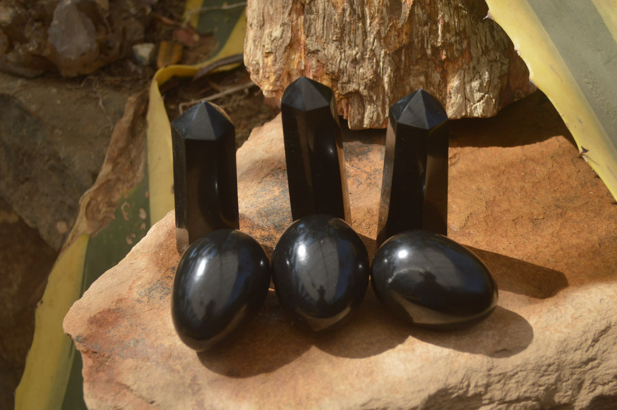 Polished Black Basalt Points & Eggs x 6 From Antsirabe, Madagascar - Toprock Gemstones and Minerals 