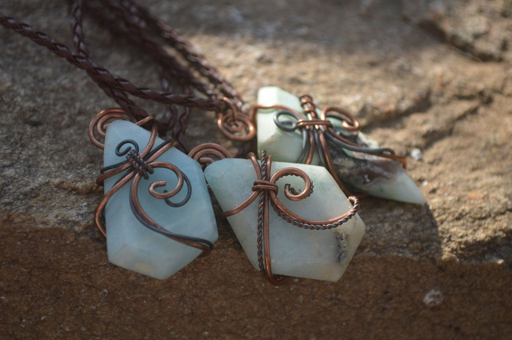 Polished Blue Smithsonite Copper Wire Wrapped Pendants x 6 From Congo - Toprock Gemstones and Minerals 