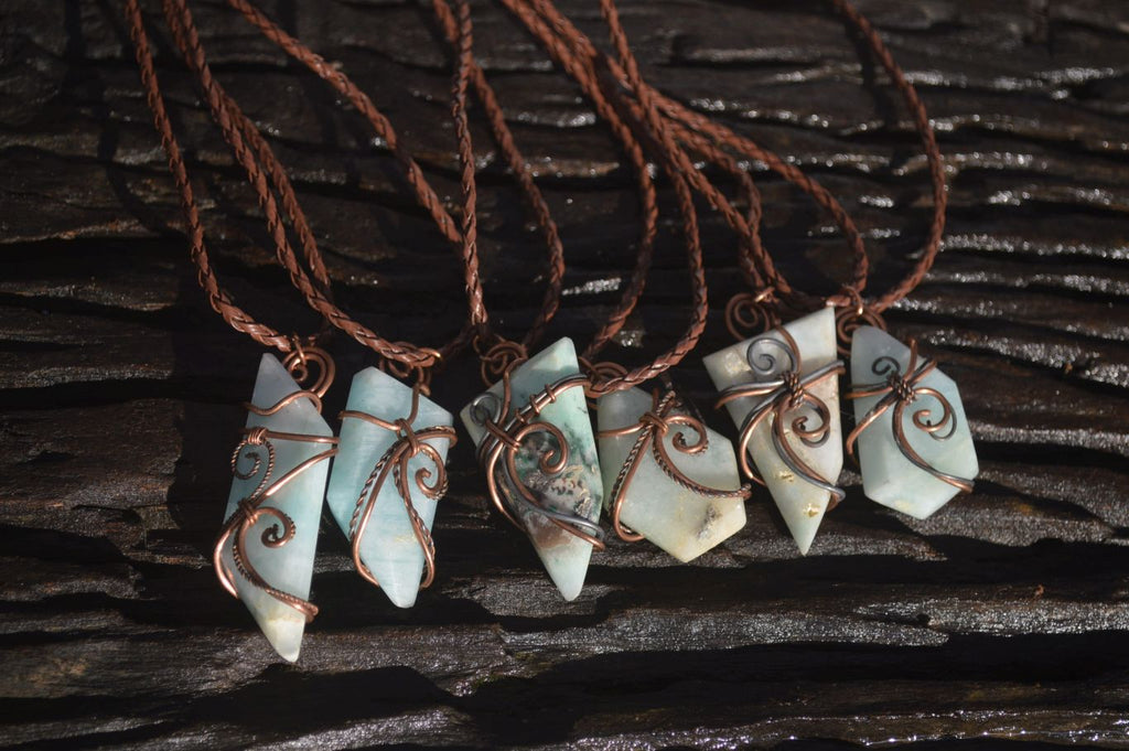 Polished Blue Smithsonite Copper Wire Wrapped Pendants x 6 From Congo - Toprock Gemstones and Minerals 