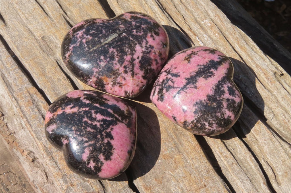 Polished Rhodonite Gemstone Hearts x 3 From Ambindavato, Madagascar - Toprock Gemstones and Minerals 