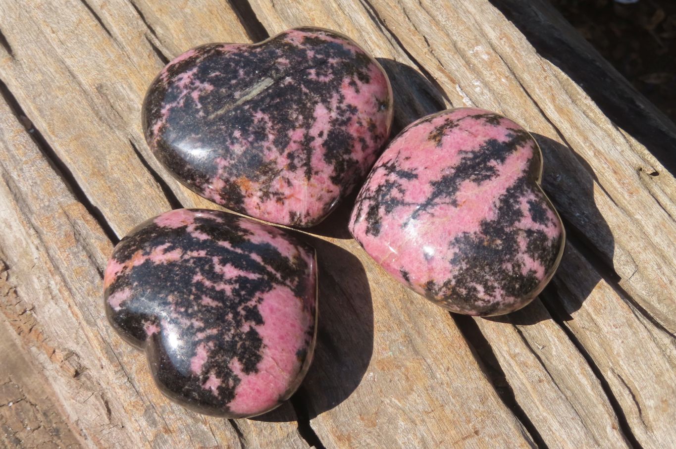 Polished Rhodonite Gemstone Hearts x 3 From Ambindavato, Madagascar - Toprock Gemstones and Minerals 
