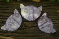Polished Lepidolite Cat Face Carvings x 3 From Zimbabwe