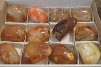 Polished Mixed Tray of Carnelian & Ocean Agate Standing Free Forms & Galet/Palm Stones From Madagascar - Toprock Gemstones and Minerals 