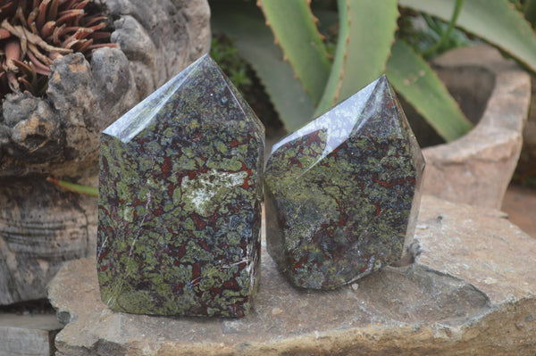 Polished Dragon Bloodstone Point-Prisms x 2 From South Africa