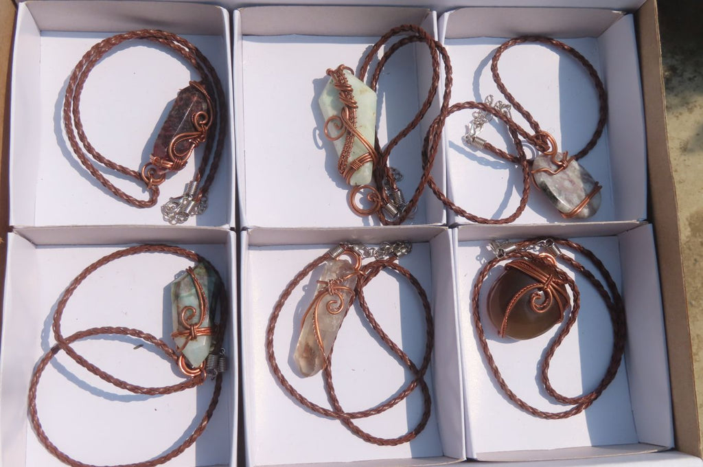 Polished Mixed Copper Wire Wrapped Pendants x 6 From Southern Africa - Toprock Gemstones and Minerals 