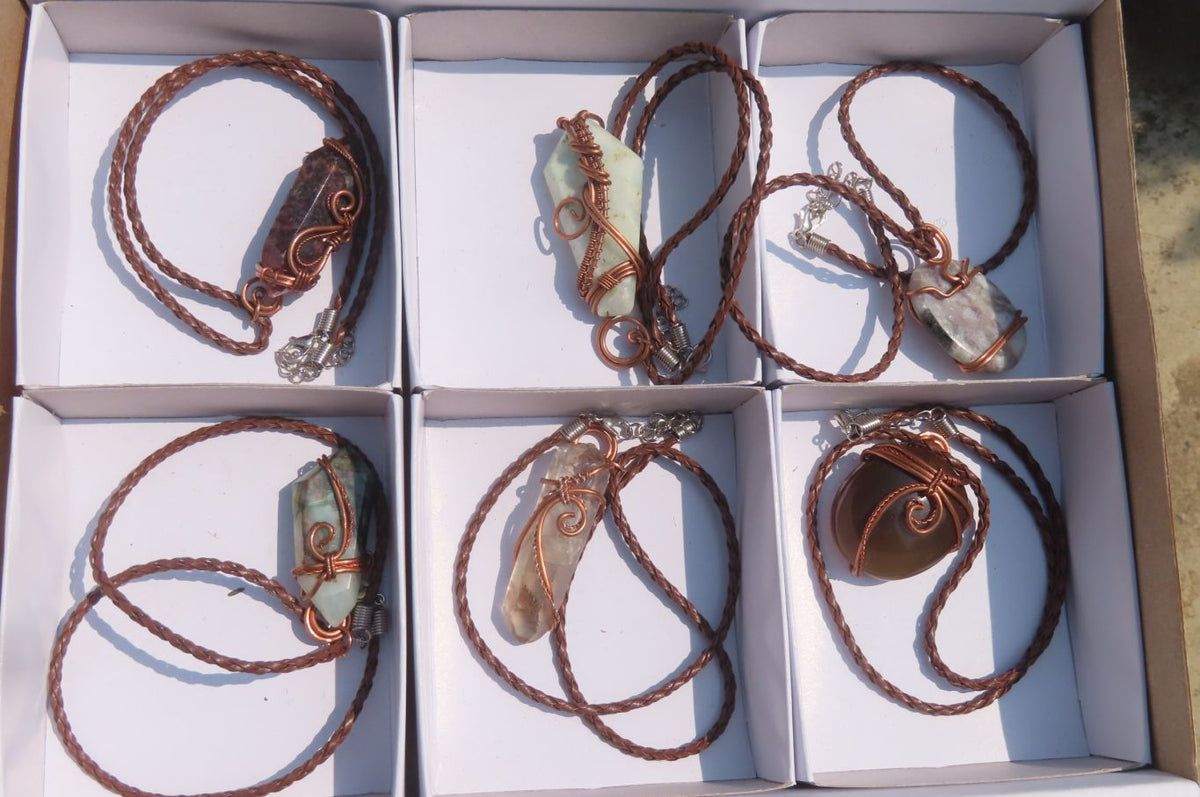 Polished Mixed Copper Wire Wrapped Pendants x 6 From Southern Africa - Toprock Gemstones and Minerals 
