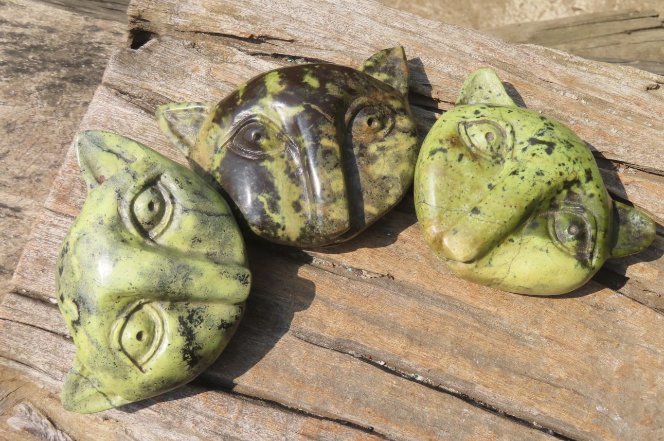 Polished Leopard Stone Cat Face Carvings x 3 From Zimbabwe - Toprock Gemstones and Minerals 