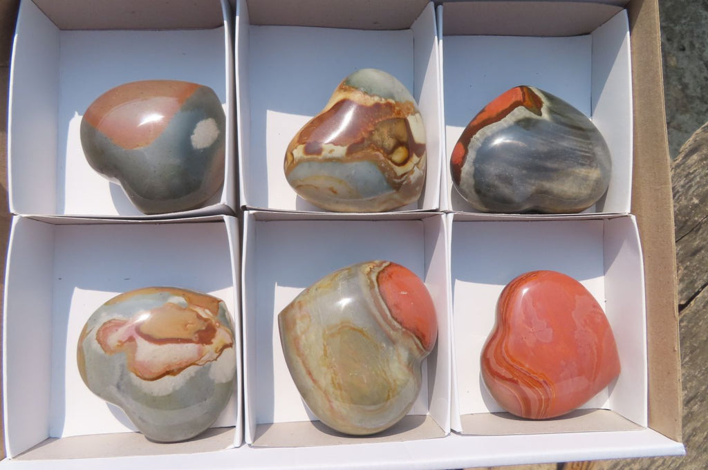 Polished Polychrome Jasper Gemstone Hearts x 6 From Madagascar - Toprock Gemstones and Minerals 