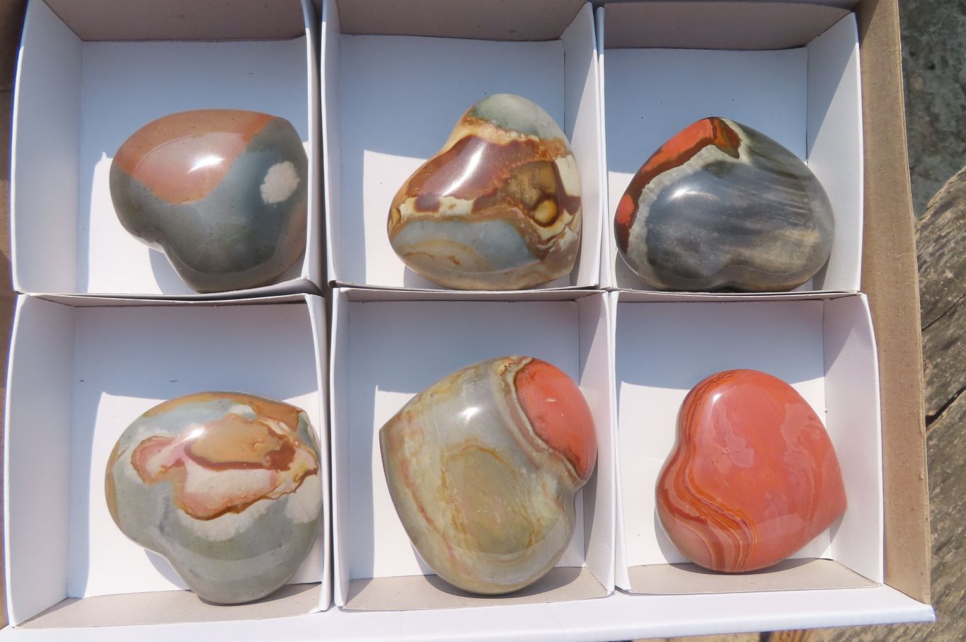Polished Polychrome Jasper Gemstone Hearts x 6 From Madagascar - Toprock Gemstones and Minerals 