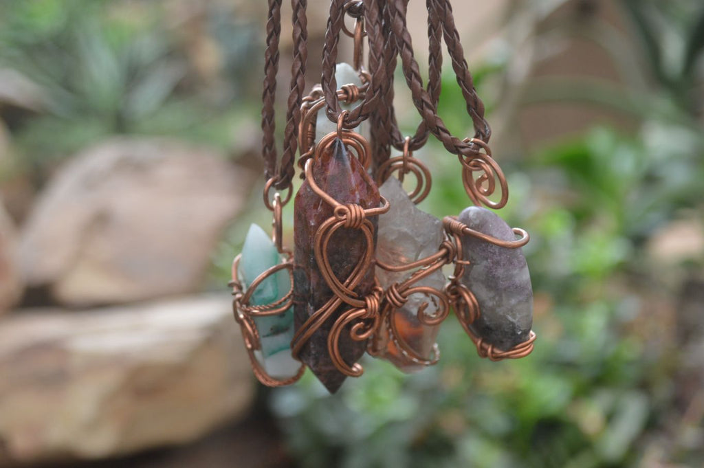 Hand Made Mixed Copper Wire Wrapped Pendants x 6 From Southern Africa - Toprock Gemstones and Minerals 