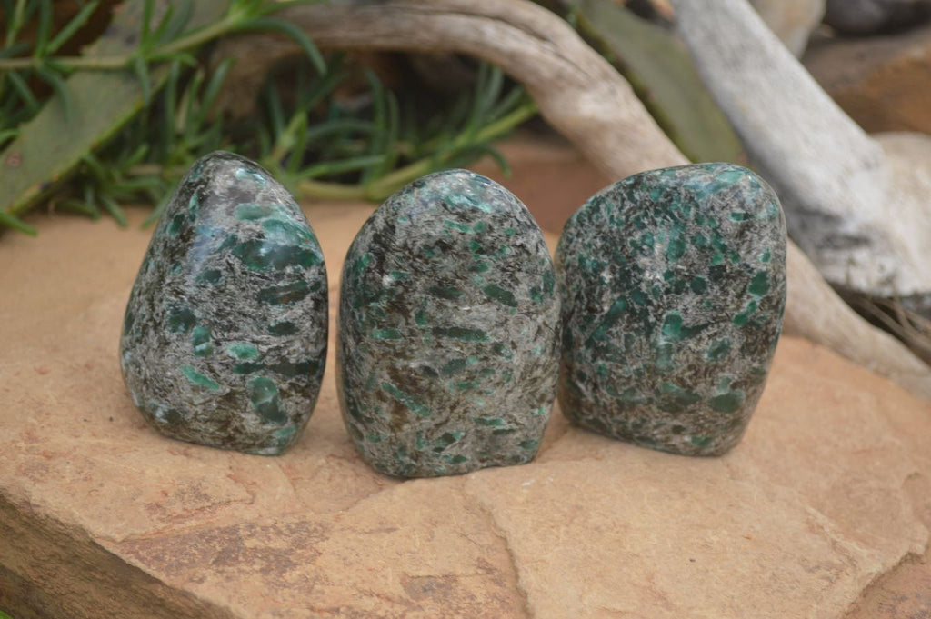 Polished Rare Emerald Mica In Matrix Standing Free Forms x 3 From Mutoko, Zimbabwe - Toprock Gemstones and Minerals 