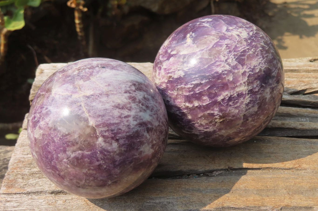 Polished Lepidolite with Pink Rubellite Spheres x 2 From Ambatondrazaka, Madagascar - Toprock Gemstones and Minerals 