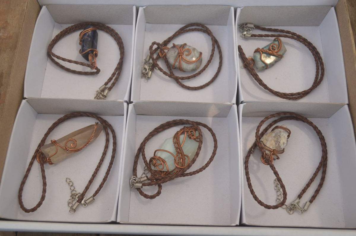 Hand Made Mixed Copper Wire Wrapped Pendants x 6 From Southern Africa - Toprock Gemstones and Minerals 