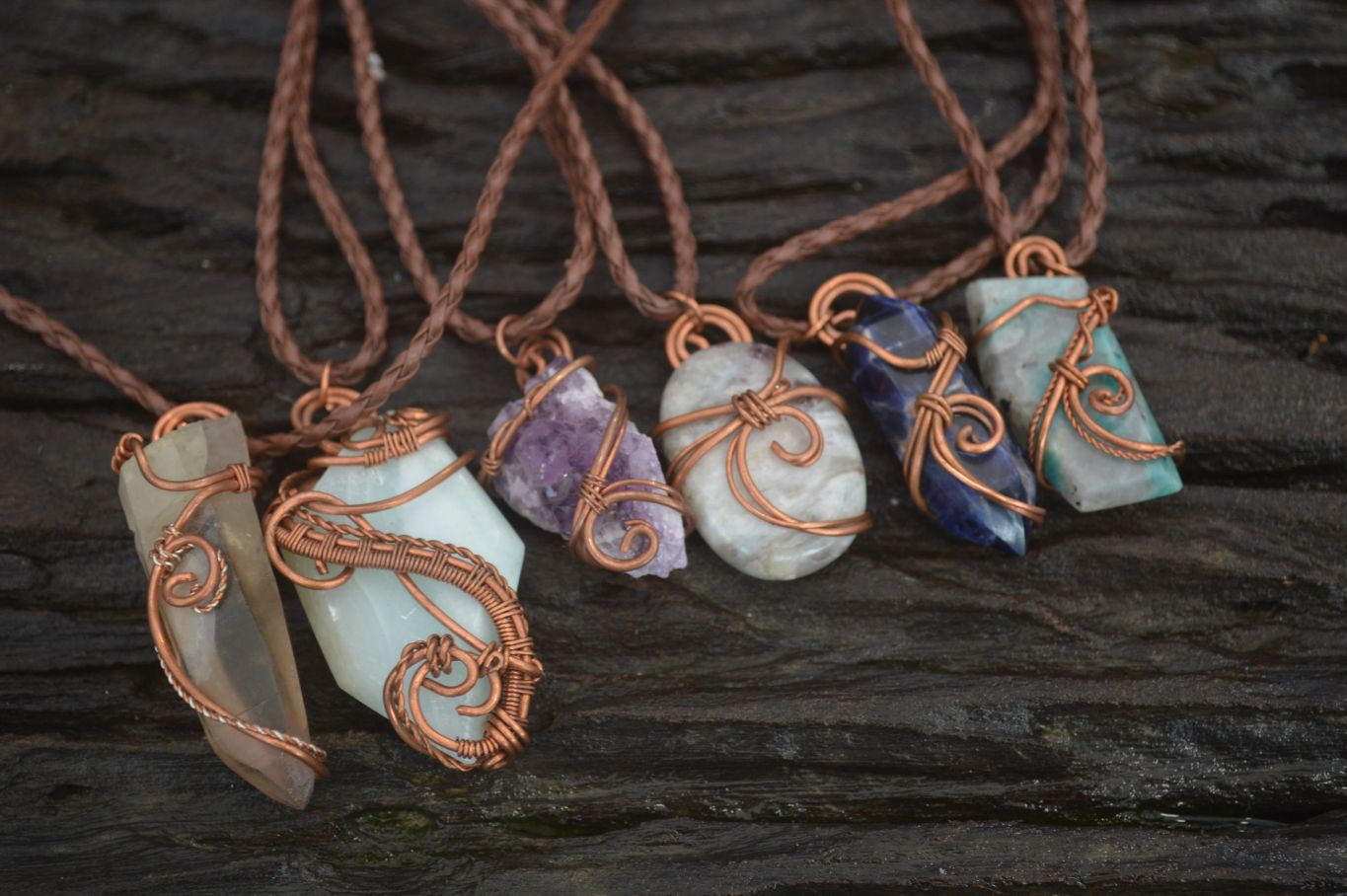 Hand Made Mixed Copper Wire Wrapped Pendants x 6 From Southern Africa - Toprock Gemstones and Minerals 