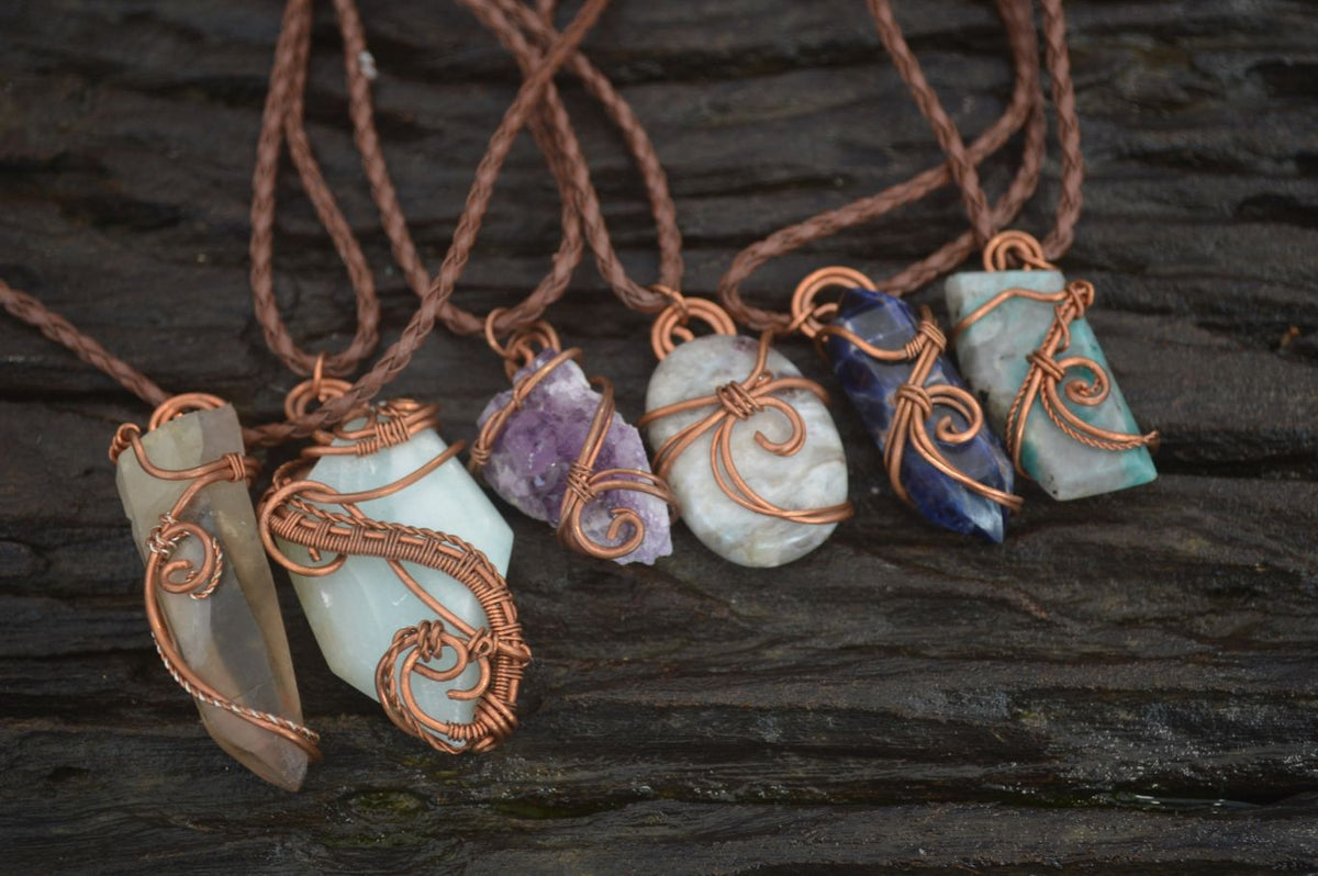 Hand Made Mixed Copper Wire Wrapped Pendants x 6 From Southern Africa - Toprock Gemstones and Minerals 