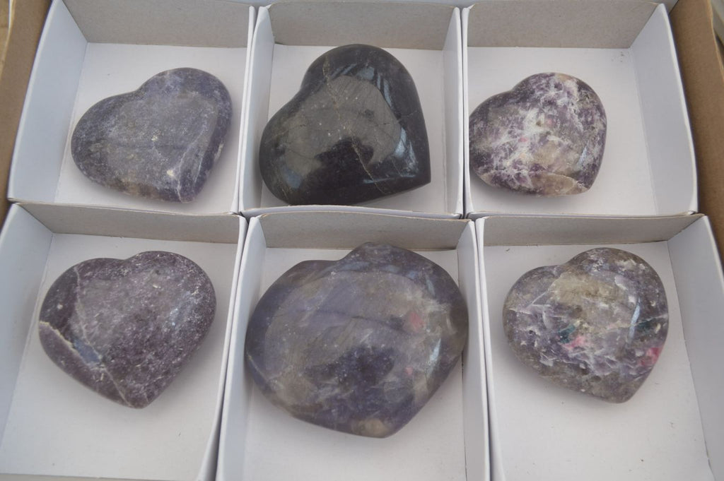 Polished Lepidolite with Pink Rubellite Gemstone Hearts x 6 From Madagascar - Toprock Gemstones and Minerals 