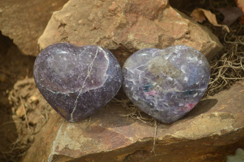 Polished Lepidolite with Pink Rubellite Gemstone Hearts x 6 From Madagascar - Toprock Gemstones and Minerals 