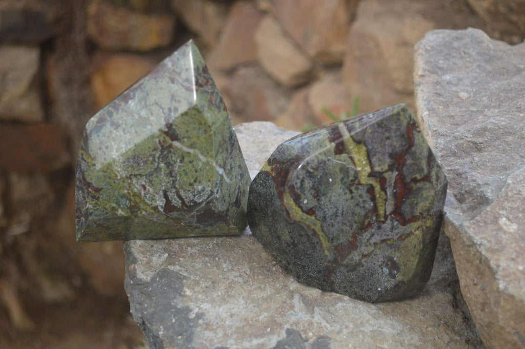 Polished Bastite Dragons Blood Stone Crystal Points x 2 From Tshipise, South Africa - Toprock Gemstones and Minerals 