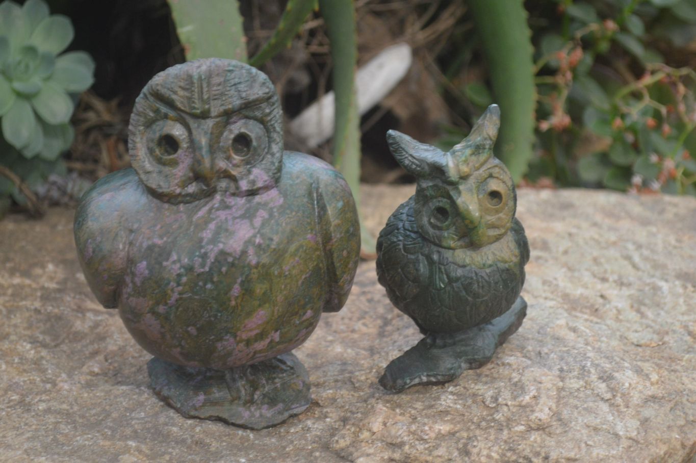 Polished Fluorescent Verdite and Corundum Night Owls x 2 From Zimbabwe - Toprock Gemstones and Minerals 