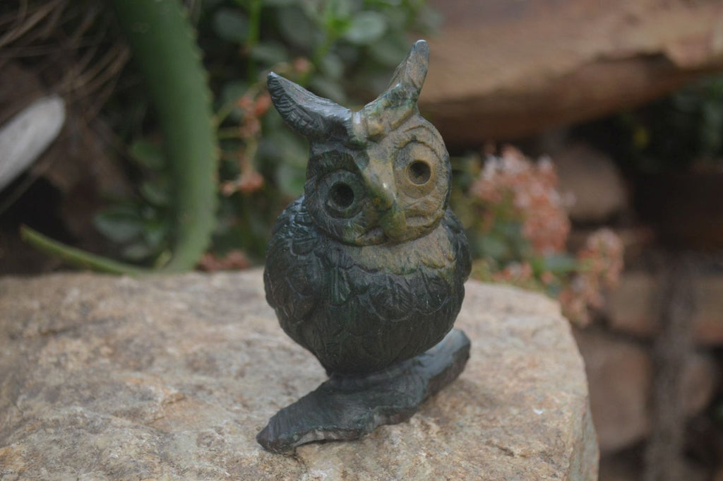 Polished Fluorescent Verdite and Corundum Night Owls x 2 From Zimbabwe - Toprock Gemstones and Minerals 