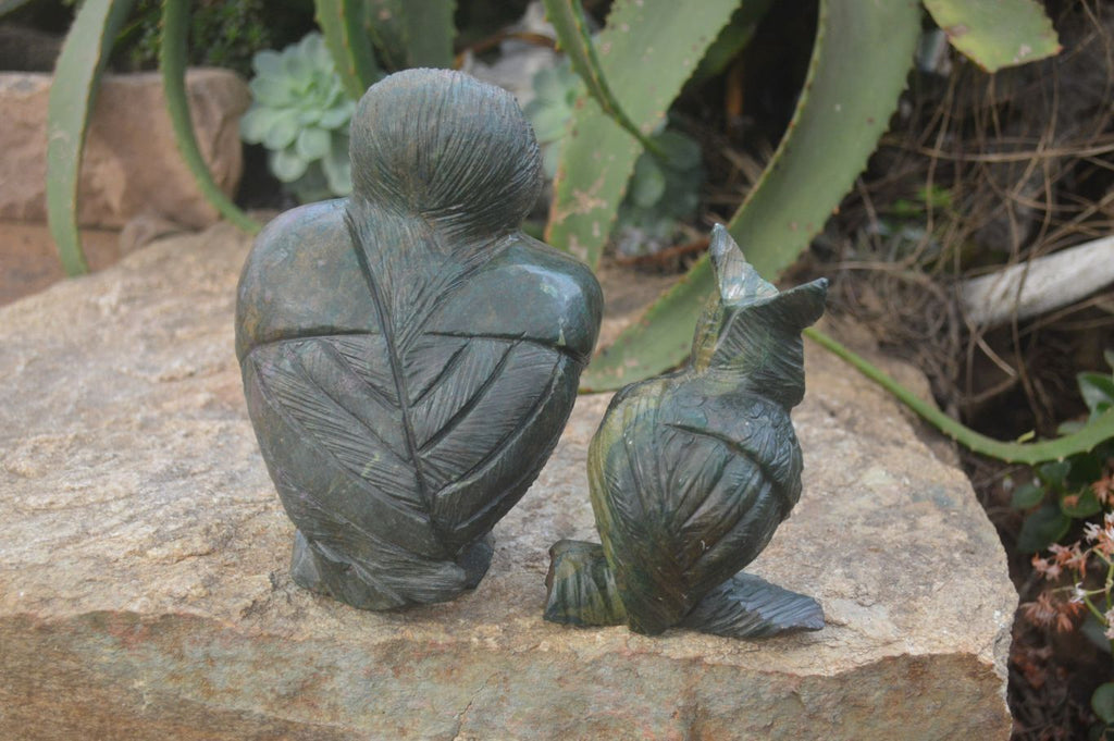 Polished Fluorescent Verdite and Corundum Night Owls x 2 From Zimbabwe - Toprock Gemstones and Minerals 