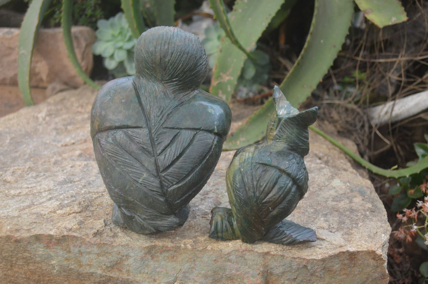 Polished Fluorescent Verdite and Corundum Night Owls x 2 From Zimbabwe - Toprock Gemstones and Minerals 