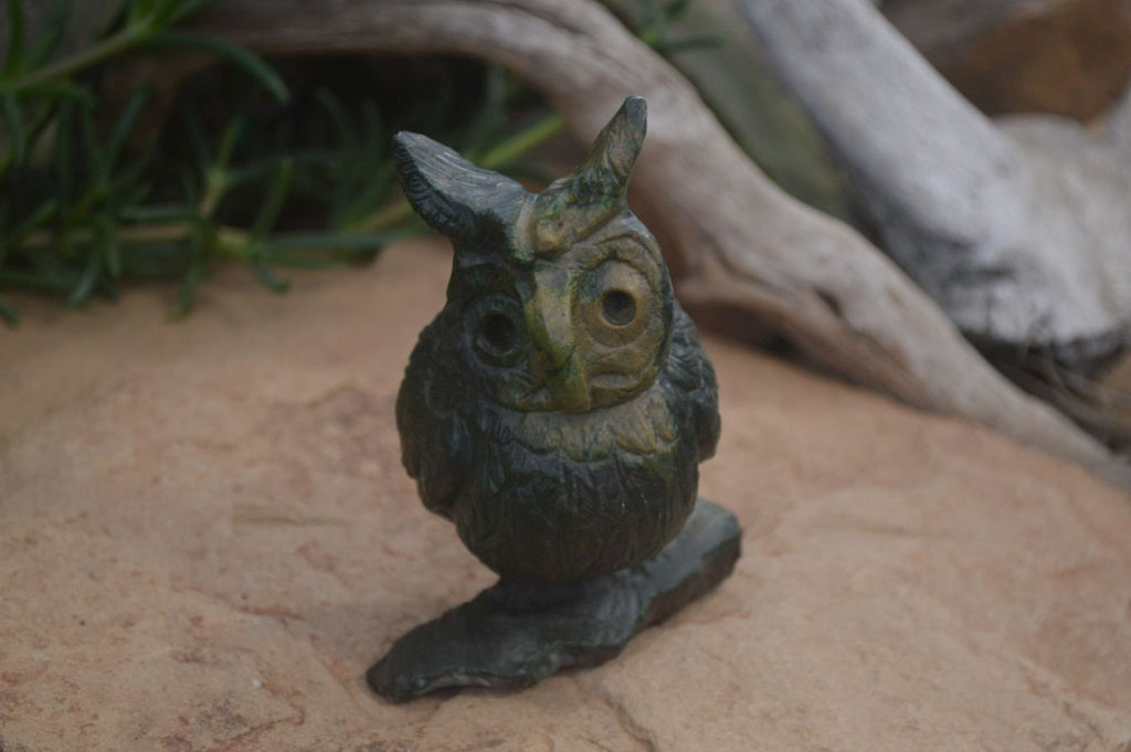 Polished Fluorescent Verdite and Corundum Night Owls x 2 From Zimbabwe - Toprock Gemstones and Minerals 