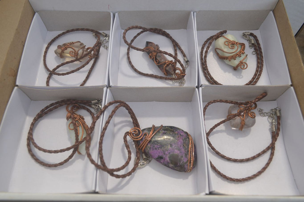 Polished Mixed Copper Wire Wrapped Pendants x 6 From Southern Africa - Toprock Gemstones and Minerals 