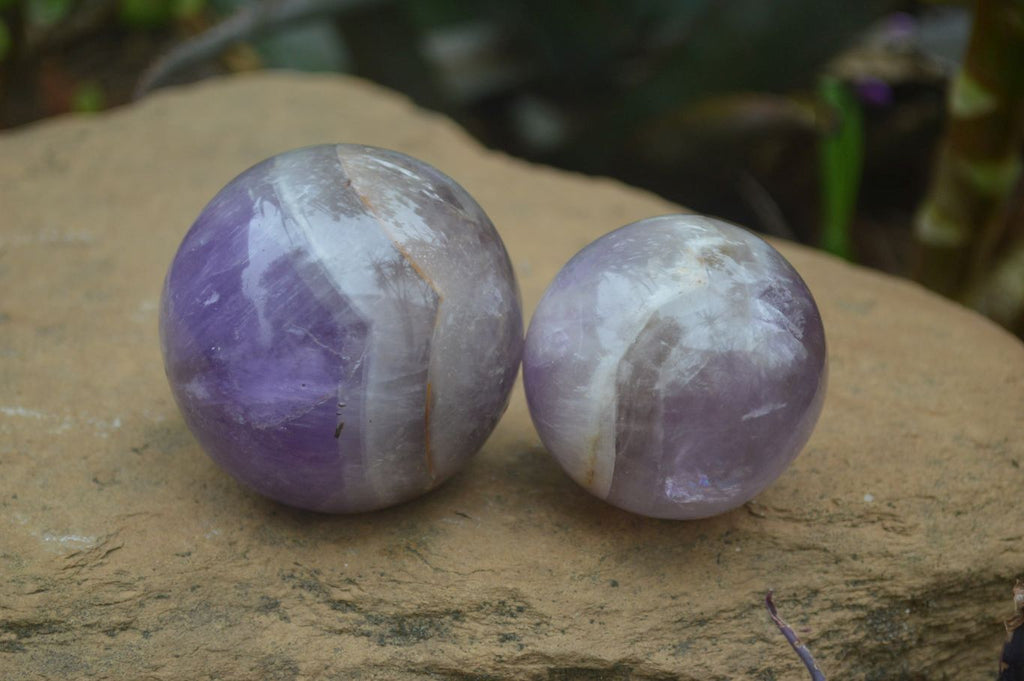 Polished Smokey Chevron Amethyst Spheres x 4 From Madagascar - Toprock Gemstones and Minerals 
