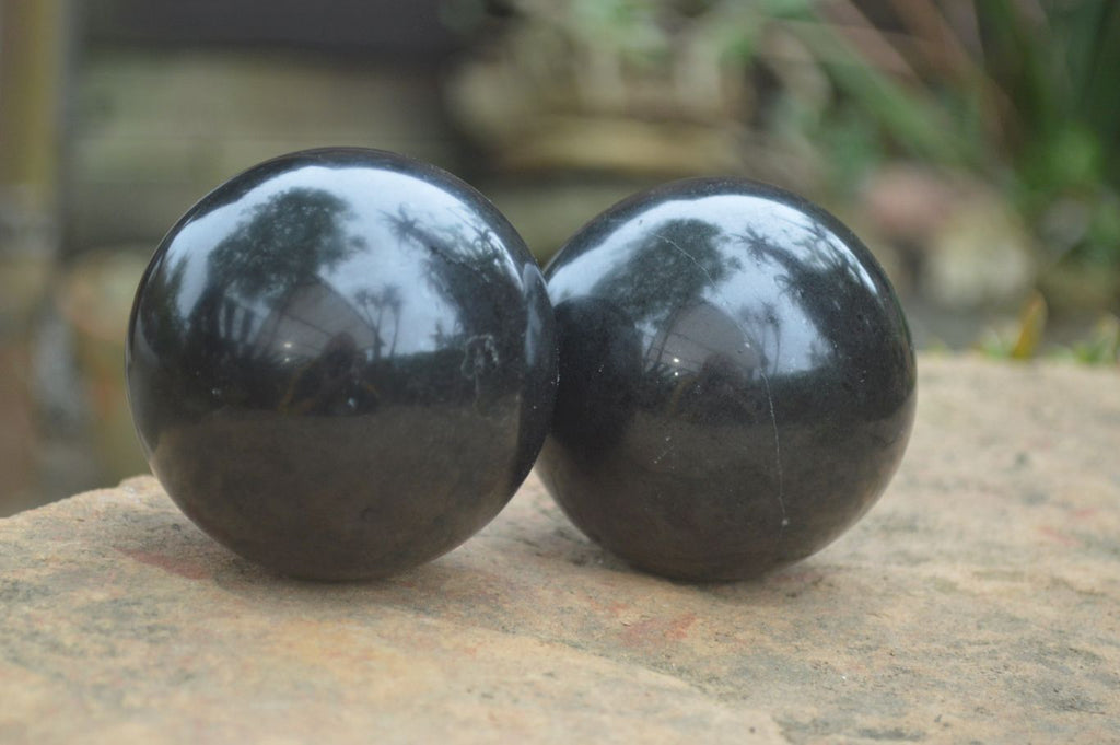 Polished Black Basalt Spheres x 3 From Antsirabe, Madagascar - Toprock Gemstones and Minerals 