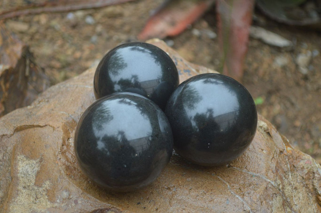 Polished Black Basalt Spheres x 3 From Antsirabe, Madagascar - Toprock Gemstones and Minerals 