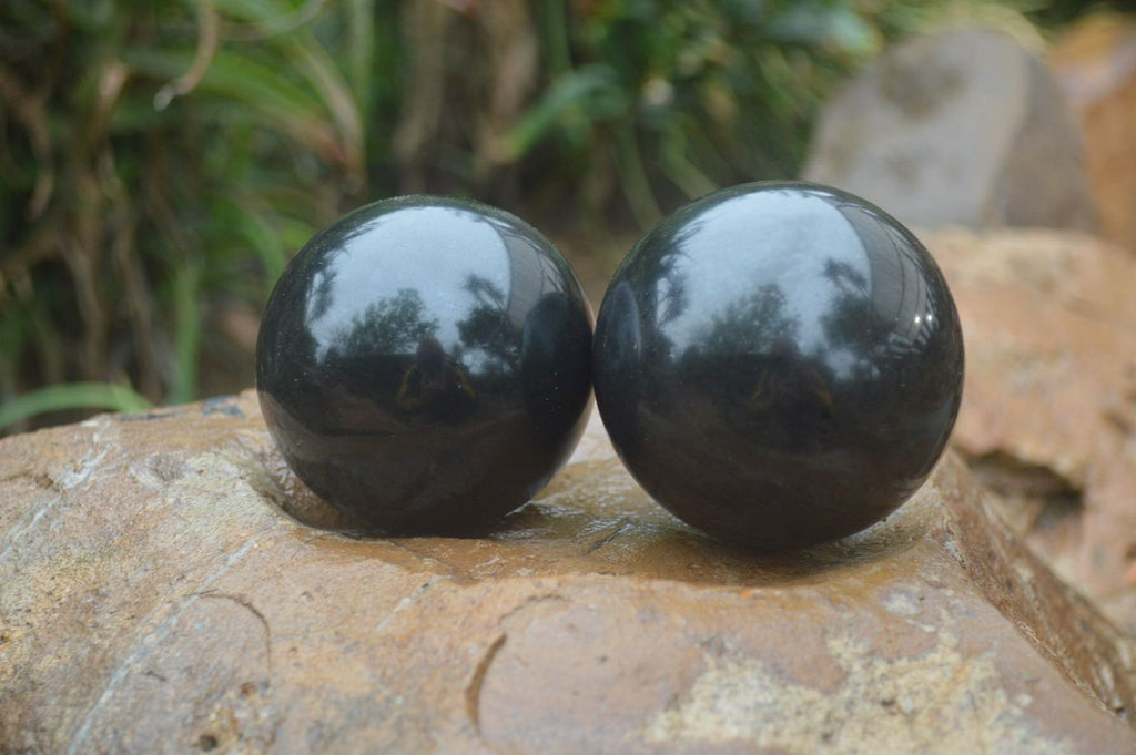 Polished Black Basalt Spheres x 3 From Antsirabe, Madagascar - Toprock Gemstones and Minerals 
